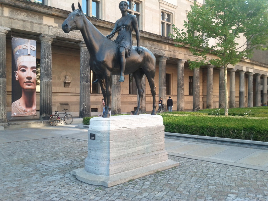 I loved this statute outside the Neues Museum. I think this is the only statue I've ever seen where it is a woman, not a man with  fancy outfit, sitting on a horse. Well done, Germany!