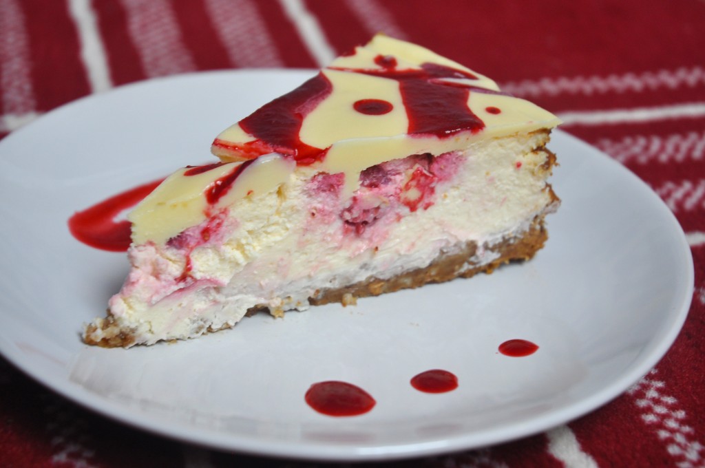 Chocolate ganache, raspberry cheesecake, and a hazelnut base. Mmmmm.