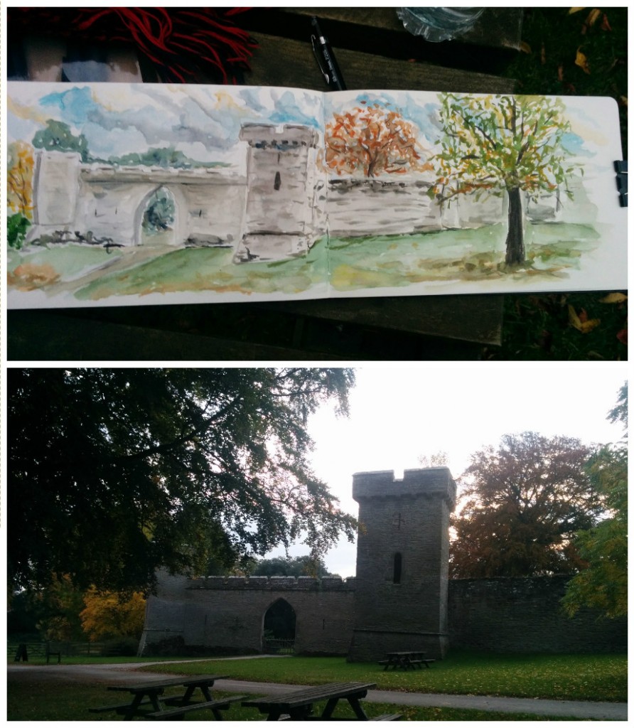 The front gate of Croft Castle. With sketching, it's ok to ignore bits and bobs and emphasis other aspects of the scene in front of you. That's why sketching is different from a photo. I left out the picnic tables on the front lawn.