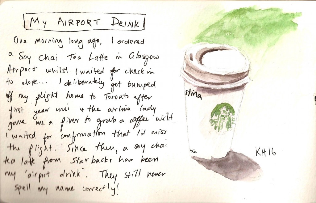 Before boarding, I decided to but of watercolour journalling and write a note about my favourite 'Airport Drink'. An elderly couple noticed I was sketching and I had a lovely conversation with them about urban sketching. :)